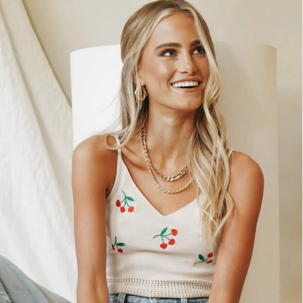 Cherry Print Embroidered Knit Tank